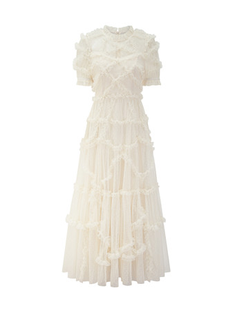 フリルドレス イリュージョンネックライン フリル レイヤードチュール マキシドレス
