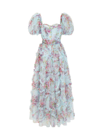 花柄ドレス 花柄パフスリーブ ベルト付き スイート パーティー プロム マキシドレス