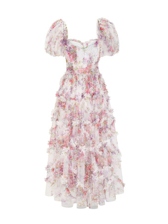 花柄ドレス 花柄パフスリーブ ベルト付き スイート パーティー プロム マキシドレス