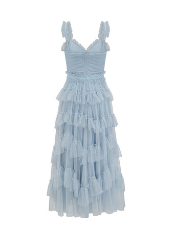 ライトスカイブルー ドレス V ネック フリル ノースリーブ レイヤード パーティー プロム マキシ ドレス