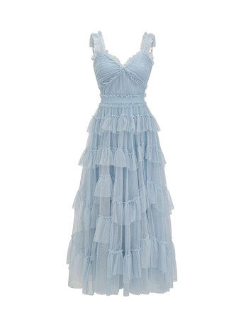 ライトスカイブルー ドレス V ネック フリル ノースリーブ レイヤード パーティー プロム マキシ ドレス