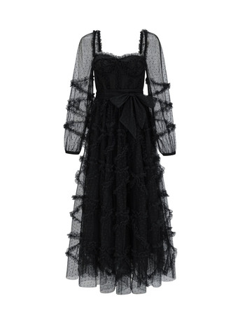 フリルドレス イリュージョンスリーブ ポルカドット レイヤード パーティー プロムドレス