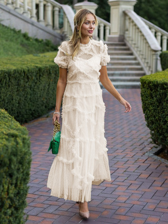 アプリコットフリルドレス イリュージョンネックライン フリル レイヤードチュール マキシドレス