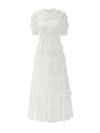 フリルドレス イリュージョンネックライン フリル レイヤードチュール マキシドレス