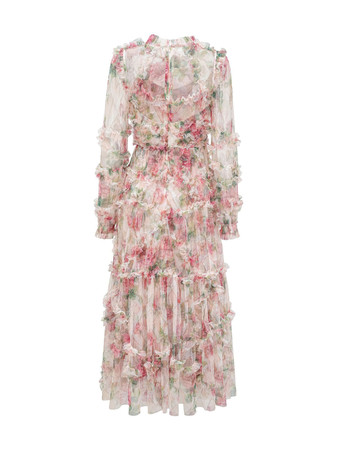 花柄ドレス イリュージョンネックとスリーブ ハイカラー タード パーティー マキシドレス