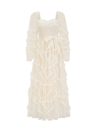 フリルドレス イリュージョンスリーブ ポルカドット レイヤード パーティー プロムドレス