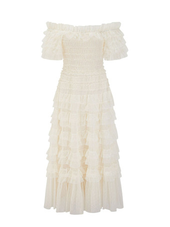 パーティー マキシ ドレス 装飾襟 フリル ポルカ ドット シアー セミフォーマル ドレス