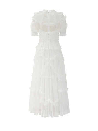 フリルドレス イリュージョンネックライン フリル レイヤードチュール マキシドレス