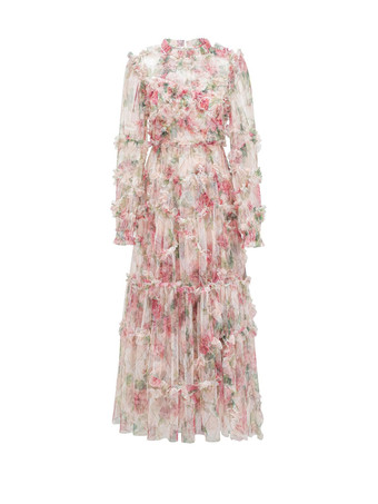 花柄ドレス イリュージョンネックとスリーブ ハイカラー タード パーティー マキシドレス