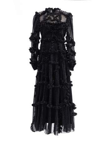 Vestido con volantes Ilusión Manga larga Cuello alto Vestidos largos de fiesta de tul