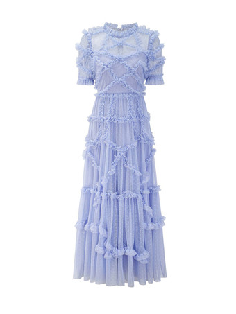 フリルドレス イリュージョンネックライン フリル レイヤードチュール マキシドレス