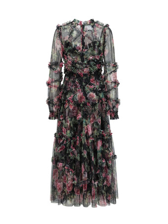 花柄ドレス イリュージョンネックとスリーブ ハイカラー タード パーティー マキシドレス