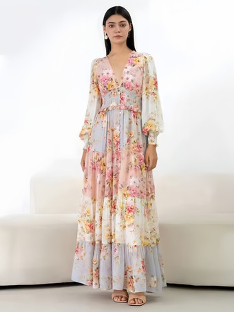 Vestido floral mangas compridas decote em V botões em camadas sexy vestidos maxi de verão