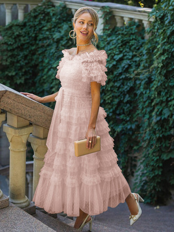 ピンクパーティー マキシ ドレス 装飾襟 フリル ポルカ ドット シアー セミフォーマル ドレス