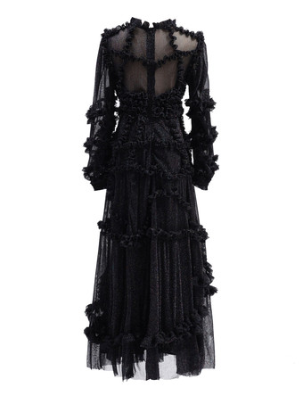 Vestido con volantes Ilusión Manga larga Cuello alto Vestidos largos de fiesta de tul