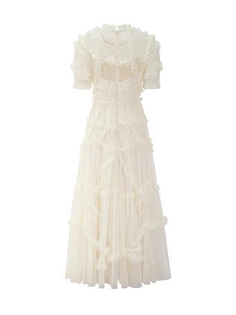 フリルドレス イリュージョンネックライン フリル レイヤードチュール マキシドレス
