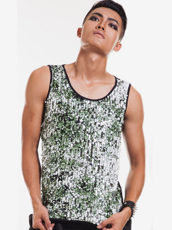 グリーン ジャズダンスコスチュームメンズスパンコールグローターベストダンストップ