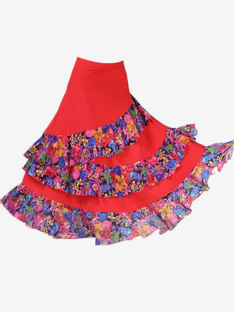 レッド ボールルームダンスコスチュームスカートブラック花柄プリントティアードトレーニングダンスボトムス