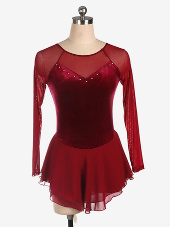 ワインレッド スケートドレスブルー韓国ビロード長袖ダンス衣装