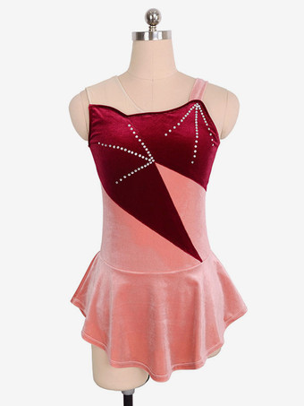 ワインレッド スケートドレスブルゴーニュ韓国ビロード色ブロックダンス衣装