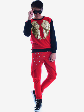 ジャズダンスコスチュームメンズパンツ白ビーズヒップホップダンスボトムス