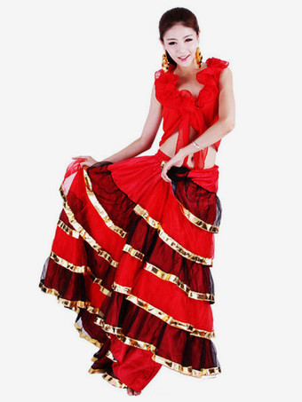 フラメンコ 衣装 レッド ダンス 衣装 スカート 大人用 ポリエステル コスチューム 社交ダンス ハロウィン イベント パーティー 団体服 ベリーダンス 衣装