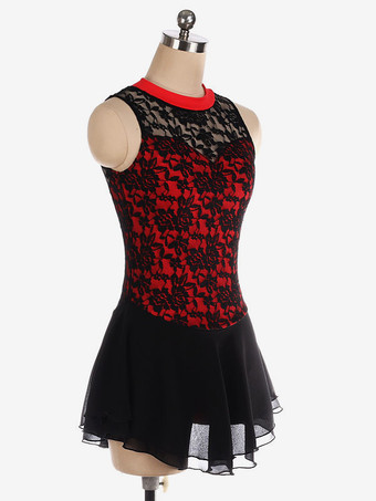 スケートドレスブラックポリエステルレースダンスコスチューム