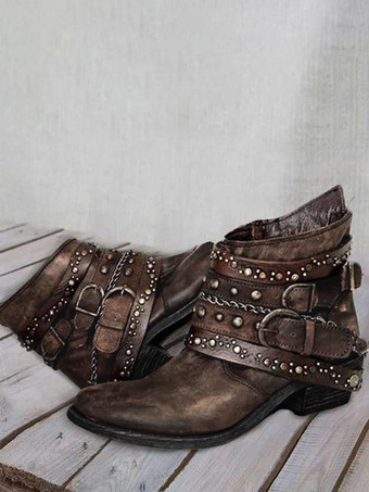 ブラウン レディース リベット ポインテッドトゥ チャンキーヒール ブーティ