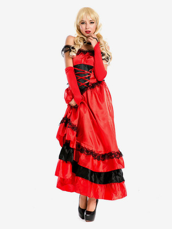 フラメンコ 衣装 レッド ダンス 衣装 ドレス チョーカー グローブ 大人用 ポリエステル コスチューム 社交ダンス ハロウィン イベント パーティー 団体服 ベリーダンス 衣装