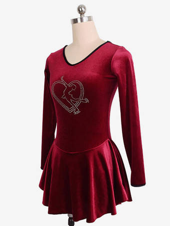 スケートドレスブルゴーニュの韓国のベルベット長袖ダンス衣装