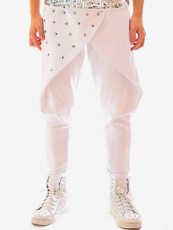 ジャズダンスコスチュームメンズパンツ白ビーズヒップホップダンスボトムス