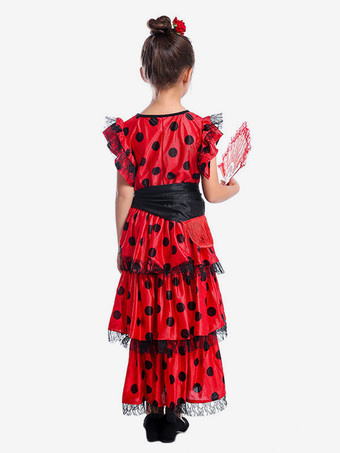 フラメンコ 衣装 レッド ダンス 衣装 ドレス サッシュベルト 髪飾り 子供用 ポリエステル コスチューム 社交ダンス ハロウィン イベント パーティー 団体服 ベリーダンス 衣装