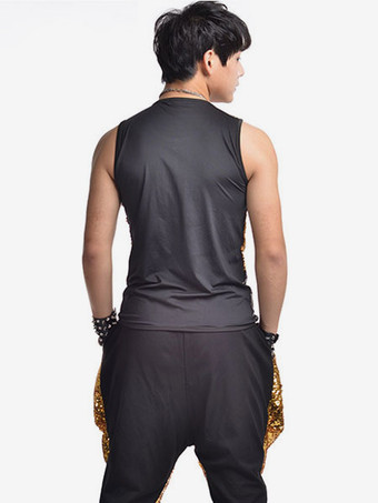ジャズ・ダンス・コスチューム・ベスト・メンズ・スパンコール・グリッター・ブラック・ゴールド・ダンシング・トップ