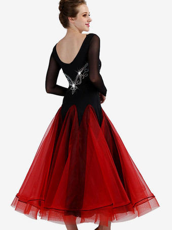 ボールルームダンスコスチュームブルゴーニュ女性ロングスリーブオーガンザビーズトレーニングダンスドレス