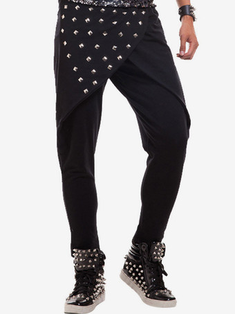 ブラック ジャズダンスコスチュームメンズパンツ白ビーズヒップホップダンスボトムス