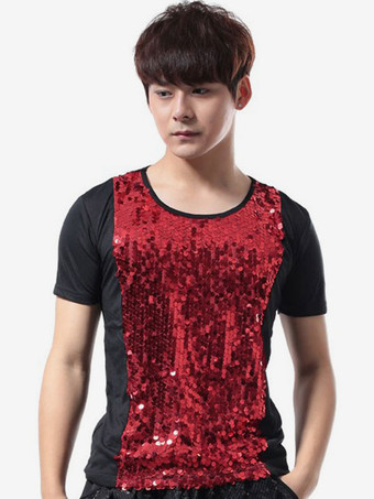 レッド ジャズダンスコスチュームメンズスパンコールキラキラTシャツ半袖ヒップホップダンスウエア