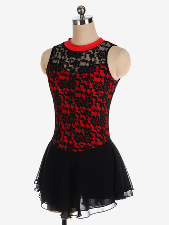 スケートドレスブラックポリエステルレースダンスコスチューム