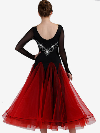 ボールルームダンスコスチュームブルゴーニュ女性ロングスリーブオーガンザビーズトレーニングダンスドレス