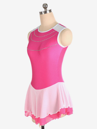 スケートドレスローズポリエステルカラーブロックダンス衣装