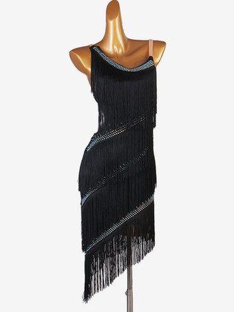 ブラック ラテンダンスドレスフリンジラインストーンレイヤードフリル女性ラテンダンサーダンスコスチューム