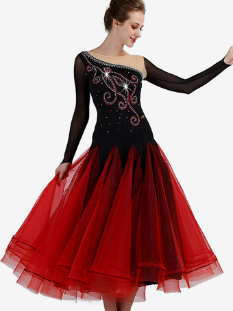 ボールルームダンスコスチュームブルゴーニュ女性ロングスリーブオーガンザビーズトレーニングダンスドレス