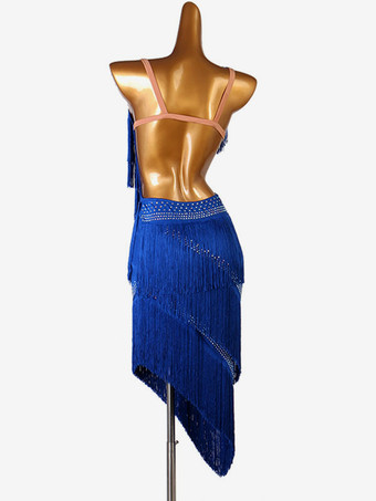 ラテンダンスドレスフリンジラインストーンレイヤードフリル女性ラテンダンサーダンスコスチューム