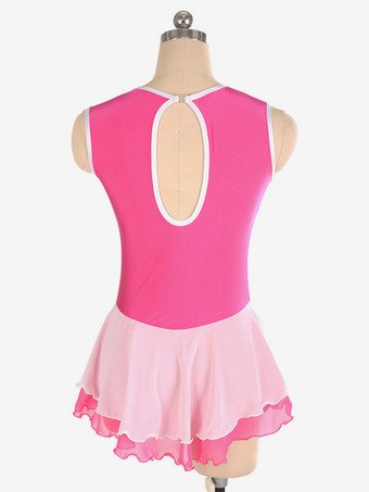スケートドレスローズポリエステルカラーブロックダンス衣装