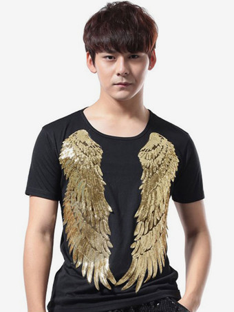 ゴールド ジャズダンスコスチュームメンズスパンコールキラキラTシャツ半袖ヒップホップダンスウエア