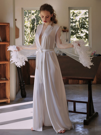 ロングナイトガウン ホワイト シック 薄手 羽 サテン生地 大人のランジェリー