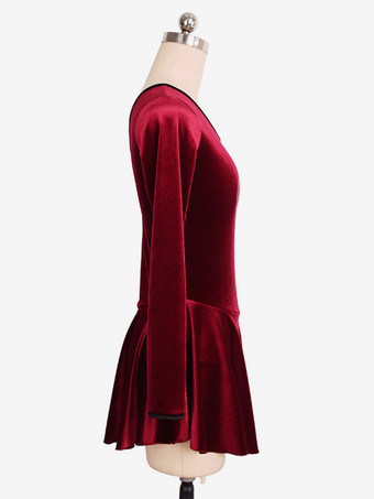 スケートドレスブルゴーニュの韓国のベルベット長袖ダンス衣装