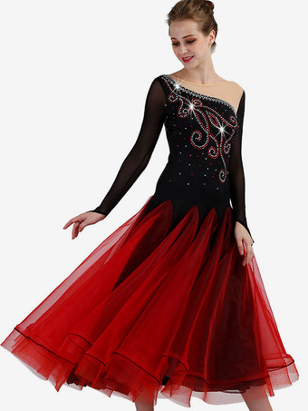 ボールルームダンスコスチュームブルゴーニュ女性ロングスリーブオーガンザビーズトレーニングダンスドレス