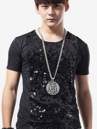 ブラック ジャズダンスコスチュームメンズスパンコールキラキラTシャツ半袖ヒップホップダンスウエア