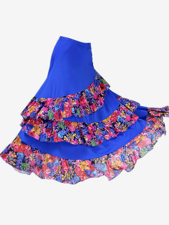 ロイヤルブルーボールルームダンスコスチュームスカートブラック花柄プリントティアードトレーニングダンスボトムス