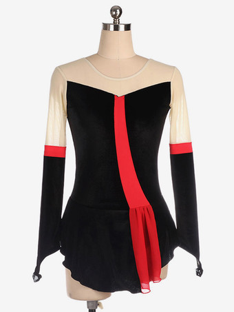 ブラック スケートドレス黒韓国ベルベットカラーブロックダンス衣装